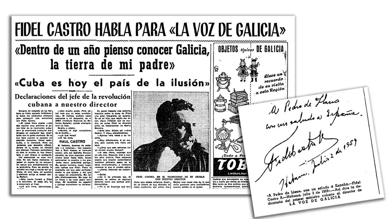 Un detalle de la p�gina completa que La Voz dedic� a reproducir la entrevista de Bocelo con Fidel Castro, en agosto de 1959, y la dedicatoria del jefe revolucionario