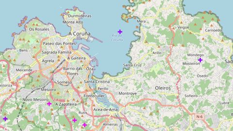 Mapa con los rayos que cayeron en el área de A Coruña