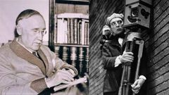 Retrato del popular comediógrafo y dramaturgo de la generación del 98 Carlos Arniches (Alicante, 1866-Madrid, 1943). A la derecha, fotograma del filme de Buster Keaton «El cameraman» (1928).