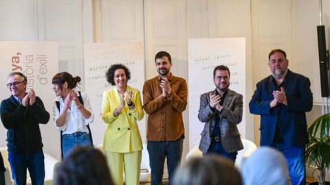 Josep Maria Jov, Alba Camps, Marta Rovira, Ruben Wagensberg y Pere Aragons, de izquierda a derecha, en un acto en Ginebra titulado Catalua, historia del exilio, el pasado mes de abril
