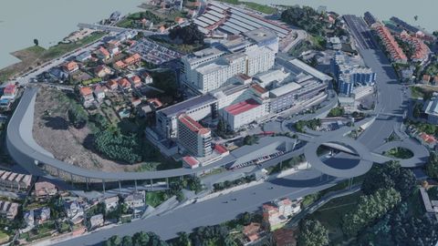 Recreación panorámica de los nudos viarios del Novo Chuac, con la rotonda elevada a la derecha y parte del viaducto para el anillo perimetral