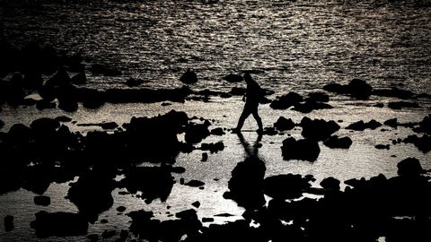 Un hombre busca crustáceos en las rocas de la playa de Ondarreta de San Sebastián