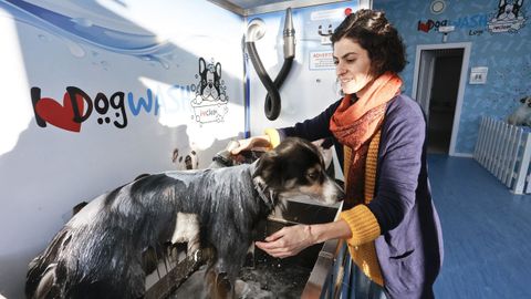 Yasmina Ietum con su perro en el local de autolavado que abrió en Lugo