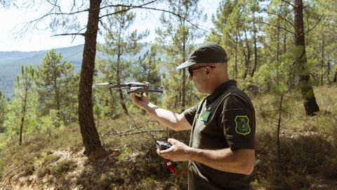 Aurelio Mosteiro, coordinador adjunto de la unidad de investigación, volando ayer un dron de vigilancia en un monte afectado por un incendio.