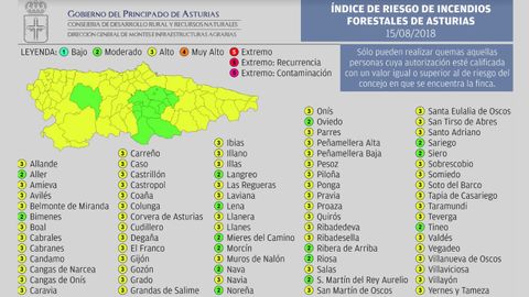 �ndice de riesgo de incendios para el 15 de agosto en Asturias