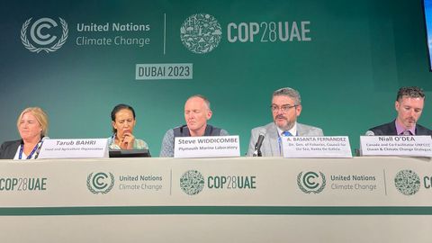 Antonio Basanta (segundo por la derecha), en un foro sobre la descarbonización en el mar y la pesca celebrado en la Cumbre del Clima, en Dubái 