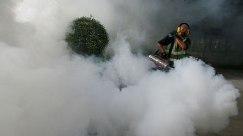 Un trabajador de Singapur fumiga las reas comunes de una urbanizacin donde se descubrieron casos de zika