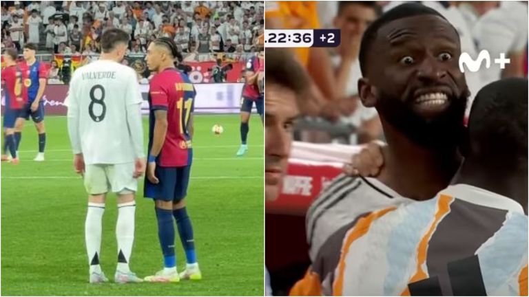 Dos de los momentos de máxima tensión vividos anoche en el estadio de La Cartuja en los compases finales del partido. Rüdiger, Vinicius y Lucas Vázquez vieron la roja.