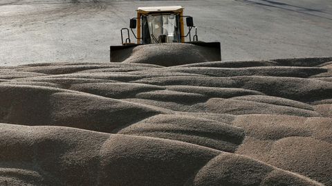 Un tractor apila granos de trigo recin recolectados en Rusia. 