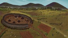 Un dibujo muestra el aspecto que los arqueólogos creen que pudo tener la aldea prehistórica de Vilarello. Al fondo, a la derecha, el monte Moncai, en cuya cima se encuentra el túmulo megalítico de A Muradella, que podía verse desde este lugar