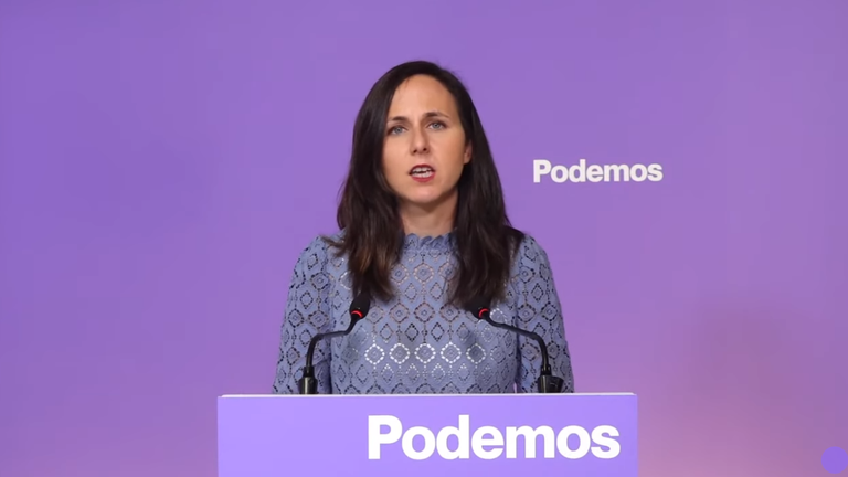 La secretaria general de Podemos, Ione Belarra, durante una comparecencia informativa