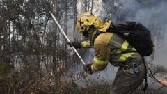 Un miembro de una brigada forestal trabaja en la extinción de un incendio