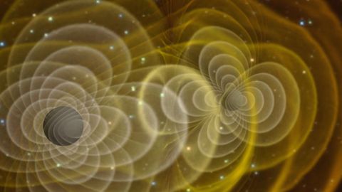 Visualizacin de ondas gravitacionales producidas por dos agujeros negros en rbita.