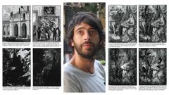 El dibujante boirense Brais Rodrguez -que viajar becado a Roma el ao prximo para desarrollar su proyecto creativo StillLife-, flanqueado por dos lminas del fanzine que realiz por encargo para el museo del Prado.