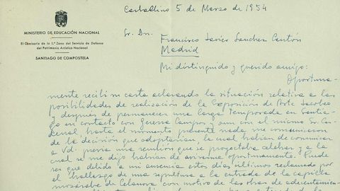 Encabezamiento de la carta de Chamoso Lamas a Snchez Cantn en marzo de 1954