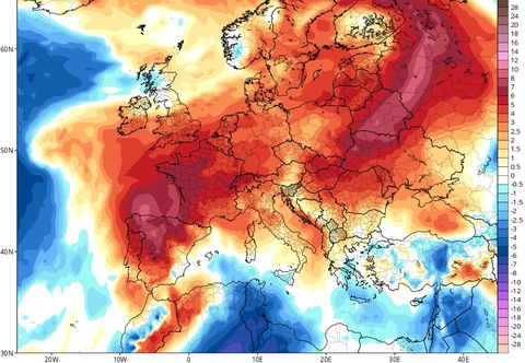 Mapa de temperatura prevista para el prximo martes 18 de junio. Si se cumple la previsin, las temperaturas subiran notablemente en Galicia