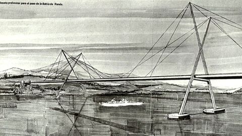 Primer borrador de un oproyecto de puente para Rande, creado por el vigués Gerardo Campos en los años cuarenta