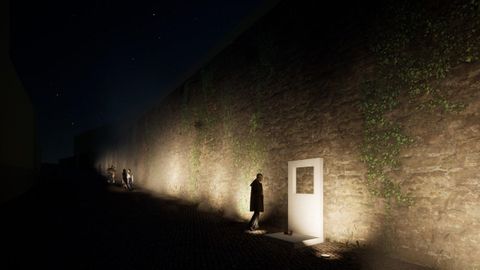 Recreación del monumento en memoria de las víctimas del franquismo, con el muro iluminado