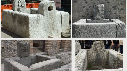 Ejemplos de conservación de fuentes romanas. En lugares tan señalados como Pompeya o Herculano se conservan las fuentes romanas, aunque dejaron de manar agua tras la erupción del Vesubio (izquierda)