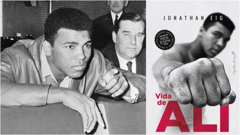 Muhammad Ali, fotografiado en 1966. A la derecha, portada de la edición española de la biografía de Eig.