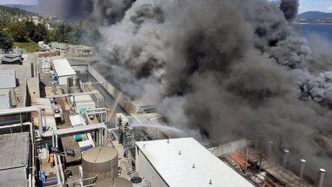 Labores de extención del incendio que afecta a la fábrica de Jealsa