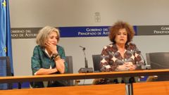 La directora general de Infancia y Familias, Belén Barrero, y la consejera de Derechos Sociales y Bienestar, Marta del Arco, en rueda de prensa