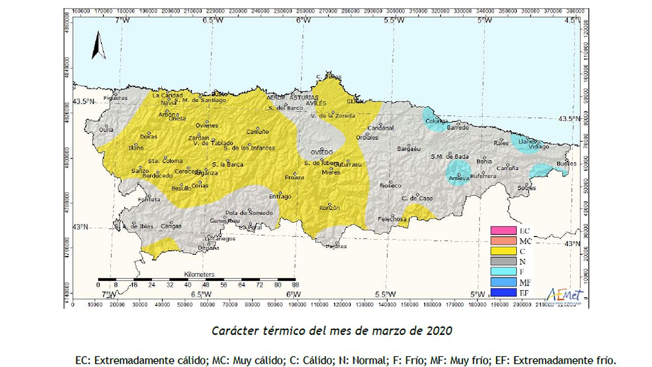 Carácter térmico de Asturias en marzo de 2020