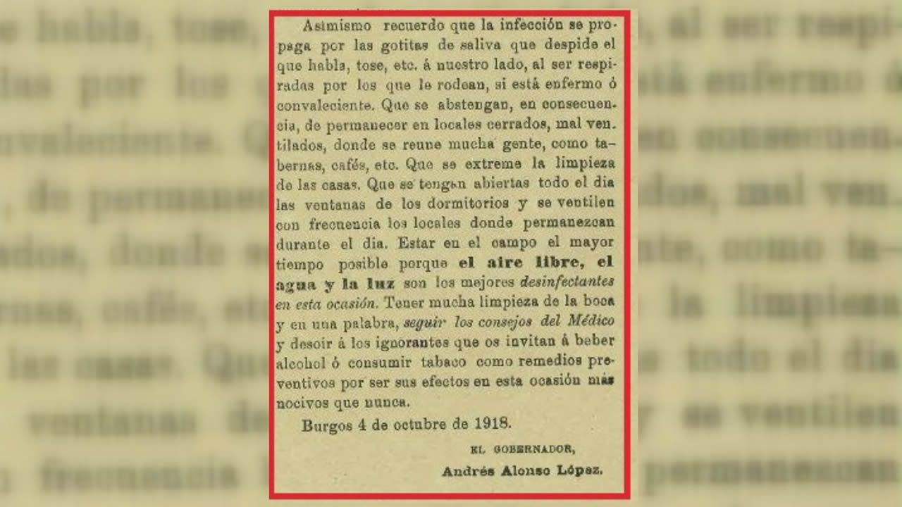 Párrafo en el que se detallan las medidas que propone el gobernador provincial de Burgos para mejorar la situación frente a la pandemia. Como actualmente con el coronavirus, el confinamiento y el distancia social eran los principales