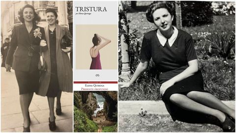 Elena Quiroga en dos fotografías cedidas por su sobrina nieta Montse para este reportaje, junto a las portadas de dos de sus obras recientemente editadas: «Tristura», en Bamba Editorial, y «Presente profundo» (Ediciones 98).