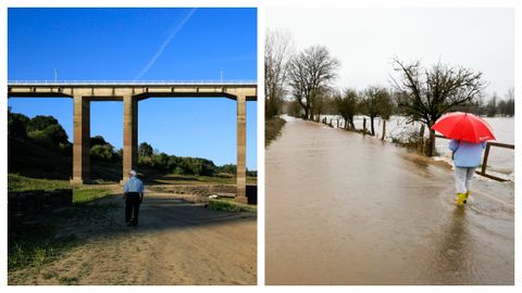 A la izquierda el estado del embalse de Belesar en agosto del 2022. A la derecha inundaciones del 1 de enero del 2023 en la provincia de A Coruña