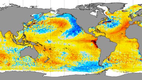 El mapa global de la temperatura del mar muestra las intensas anomalas en la parte oriental del Pacfico y el Atlntico