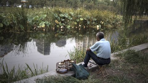 Un hombre pescando en un canal de Pekn