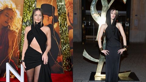 Margot Robbie y Jenna Ortega con vestidos negros con capucha