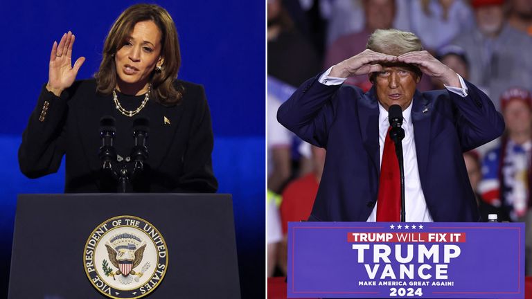 Kamala Harris y Donald Trump en sendos actos de campaña