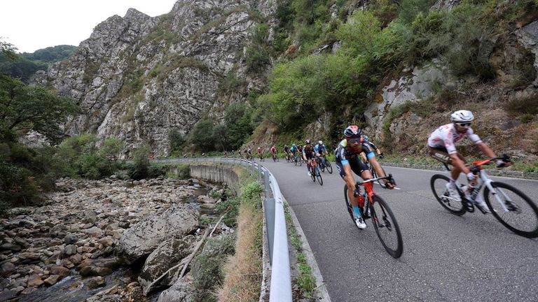El pelotón de ciclistas durante la 17ª etapa de la Vuelta este miércoles, entre Unquera (Cantabria) y los Lagos de Covadonga,