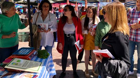 ngela Vallina, en el reparto de propaganda en el mercado de Grado