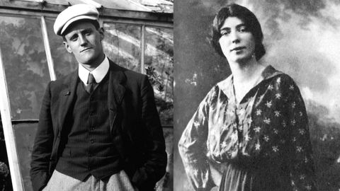 Jimmy and Nora.  Joyce, photographed in Dublin in the summer of 1904 - aged 22 and a few days into exile - in the gardens of his friend Constantine P. Curran's family home on the North Circular Road.  It was around these days that he met Nora Barnacle;  right, 1918, dressed as an Aran Islander for a performance of John M. Synge's play 
