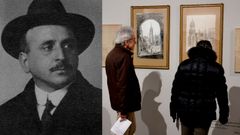 Retrato del aquitecto porriñés Antonio Palacios. A la derecha, visitantes en la exposición abierta este lunes.