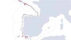 Marcadas en rojo, las reas marinas de Espaa, Portugal, Francia e Irlanda que la Comisin Europea quiere cerrar a la pesca en contacto con el fondo, artes fijas de anzuelo y de red y arrastre