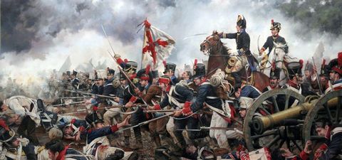 El Cuarto Ejrcito espaol (de Galicia) venci a Soult en San Marcial, batalla imaginada en la ilustracin superior por Ferrer-Dalmau. 