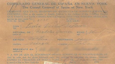 Certificado de nacionalidade de Pedro Vidal, natural de Garabelos (Bande), un dos emigrantes que accederon aos Estados Unidos por Ellis Island