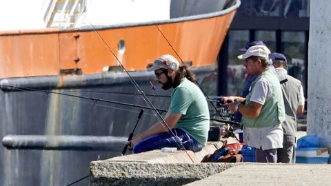 Pescadores recreativos practicando su aficin en un muelle de Vigo, das atrs