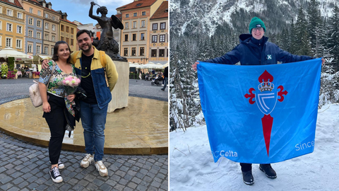 En la imagen de la izquierda, el estudiante gallego de Medicina Nicols Fernndez en Varsovia junto a su pareja, Emilia Dagmara Czaplicka. En la imagen de la derecha, otro alumno de Galicia, Mateo Moriarty, posa con la bandera del Celta de Vigo en Zakopane, en la frontera polaca con Eslovaquia.