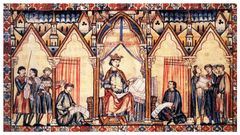 Afonso X o Sabio ditando o «Libro de los Juegos», cuxo único orixinal coñecido se conserva na biblioteca do mosteiro de El Escorial