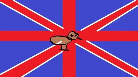 Un kiwi sobre una bandera britnica, en este sencillo diseo.