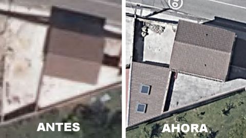 A la izquierda, ortofoto anterior al año 2014; a la derecha, fotografía satélite actual, en la que se aprecia el cambio en la altura de la cubierta y la edificación de un garaje en el lugar de varias construcciones auxiliares