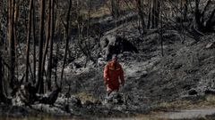 Un bombero vigila las zonas aún humeantes y con riesgo de incendio en Asturias