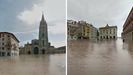 La plaza de la Catedral de Oviedo y la plaza Mayor de Gijón, con el ayuntamiento al fondo, inundadas con la recreación de la herramienta de This Climate Does Not Exist