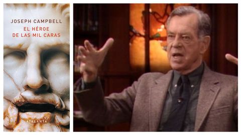 Joseph Campbell, en una entrevista televisiva. A la izquierda, portada de El hroe de las mil caras