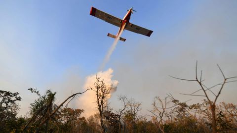 Un avin de bomberos ayuda a apagar un incendio forestal en la zona norte del Parque Nacional de Brasilia